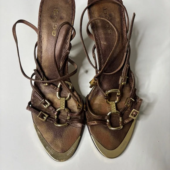 Vintage Bebe Brown Leather Gold Heels - Picture 8 of 8